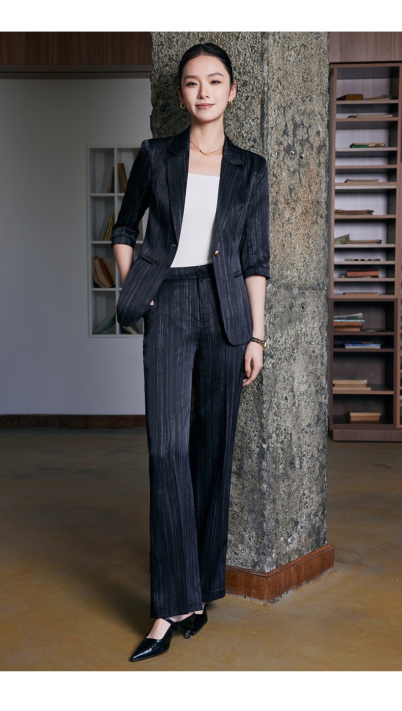 Blazer in raso acetato di alta qualità, manica a tre quarti, a righe, per donna, primavera ed estate, nuovo e professionale, ChicShe_voghion.com