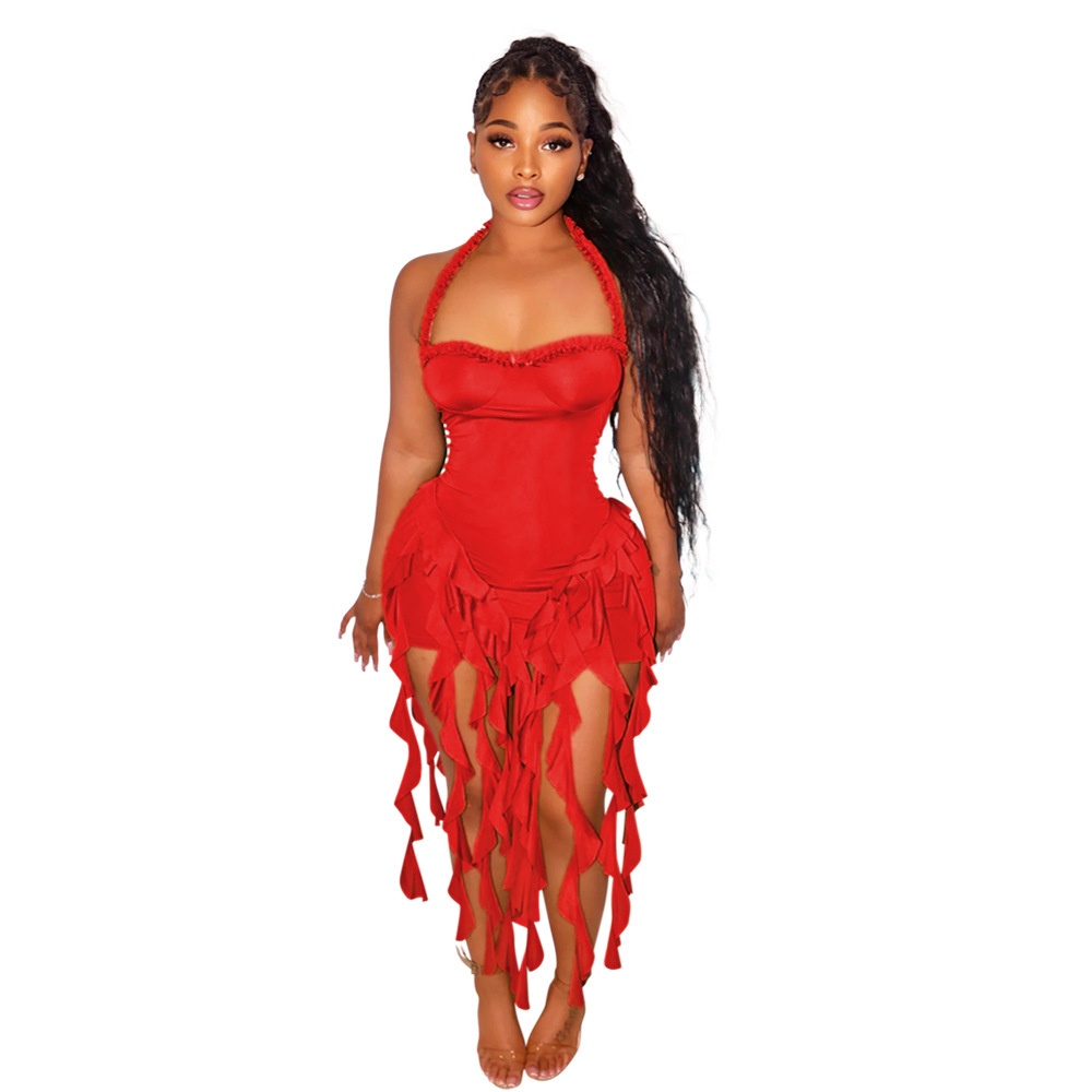 ChicShe CY901256 European And American Solid Color Tassel Halter Bodycon For Women Foreign Trade New Fashion Dress_voghion.com