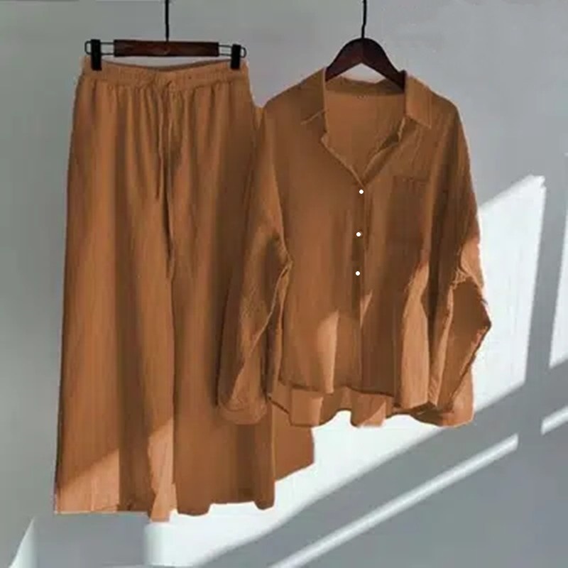 ChicShe Cross-Border Women's 2-Piece Retro Plus Size 2024 Cotton Linen Shirt High Waist Loose Long Pants Set_voghion.com