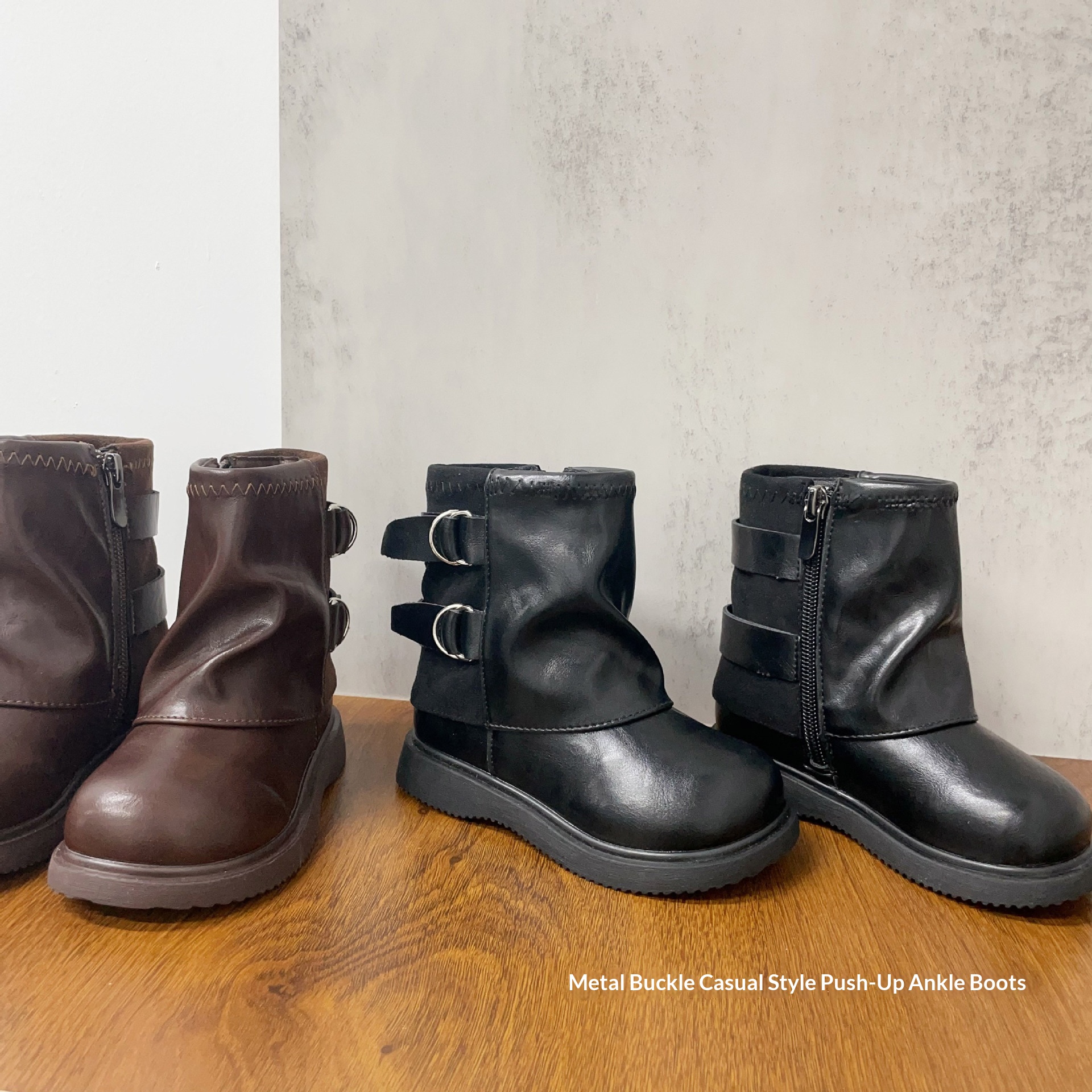 ShoeGlobe Metal Double Buckle Decorated Solid Color Warm Fleece-Lined Denim Slouch 2025 Winter Girls' Small Cotton Boots_voghion.com