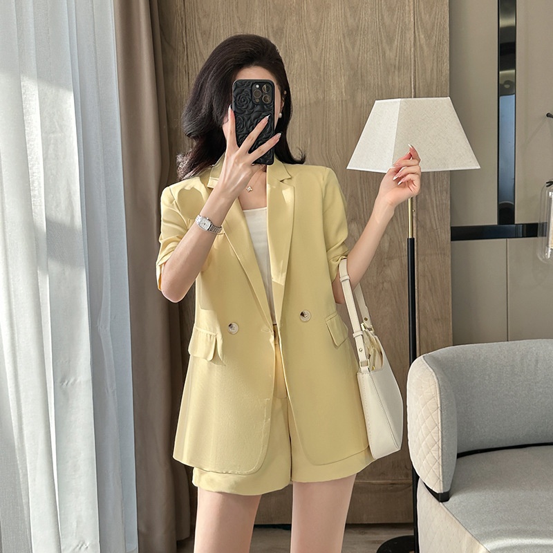 Ensemble tailleur bleu ChicShe pour femme, élégant et tendance, manches courtes, short fin d'été, tenue de travail professionnelle._voghion.com