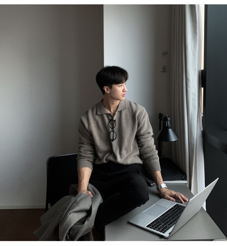 Boy Boy ASCLO New Dongdaemun Korean Clothing Turn-down Sweater Men's Designer Polo Collar Skinfriendly Loose Autumn Casual_voghion.com