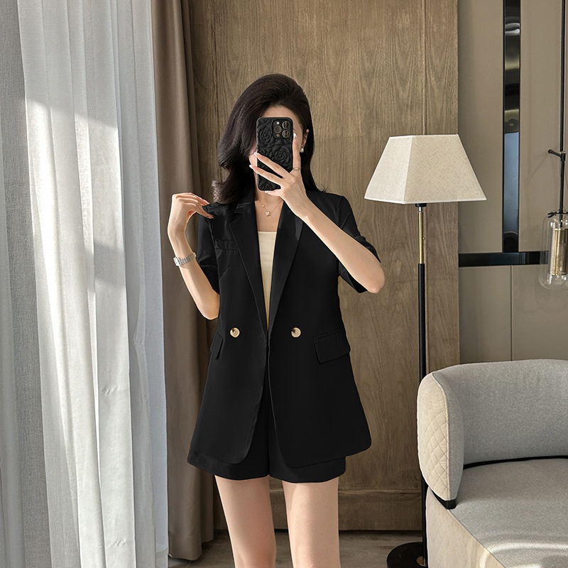 Ensemble tailleur bleu ChicShe pour femme, élégant et tendance, manches courtes, short fin d'été, tenue de travail professionnelle._voghion.com