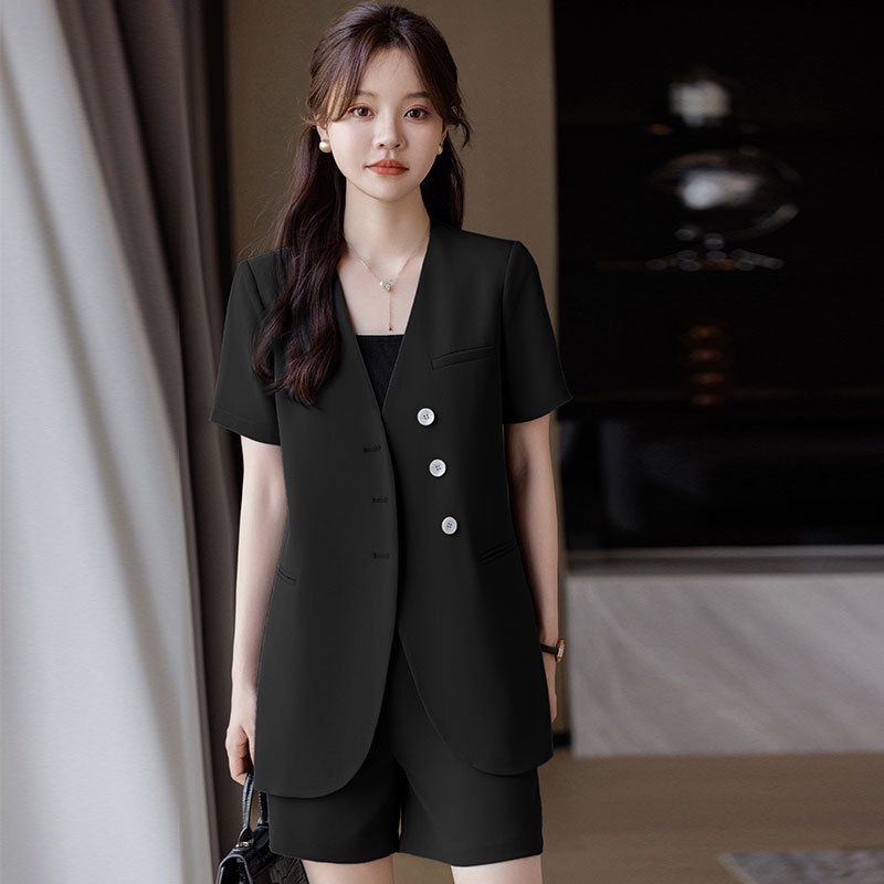 ChicShe 2024 Summer New Gray Collarless Blazer Jacket Women Shorts Two-Piece Set Simple Fashionable Elegant Trendy_voghion.com