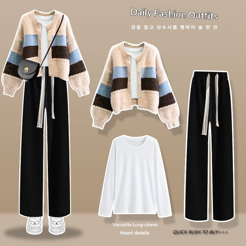 ChicShe Plus Size Women's Autumn Winter Suit New Fashionable Knitted Cardigan Slimming Casual Wide-Leg Pants Three-Piece Set_voghion.com