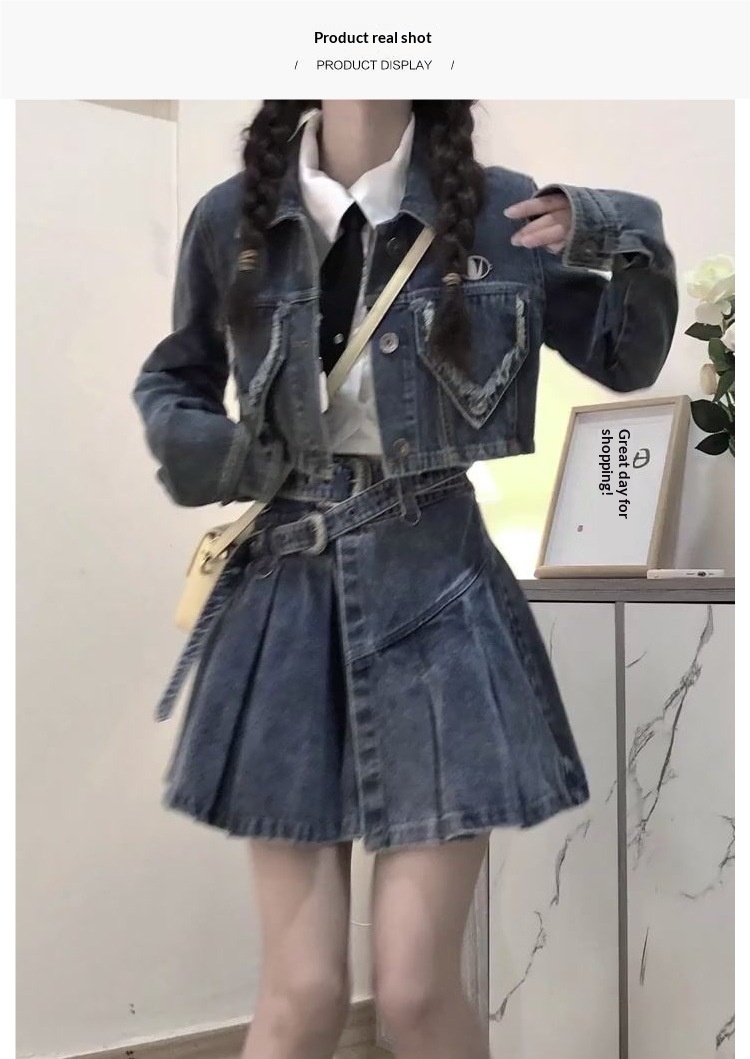 ChicShe Set da donna in stile retrò americano con giacca estiva e gonna in denim a vita alta_voghion.com