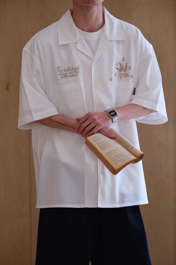 ForMen 2023 Summer American Style Loose Cuban Collar Bowling Embroidery Workwear Short Men Half Sleeve Shirt_voghion.com