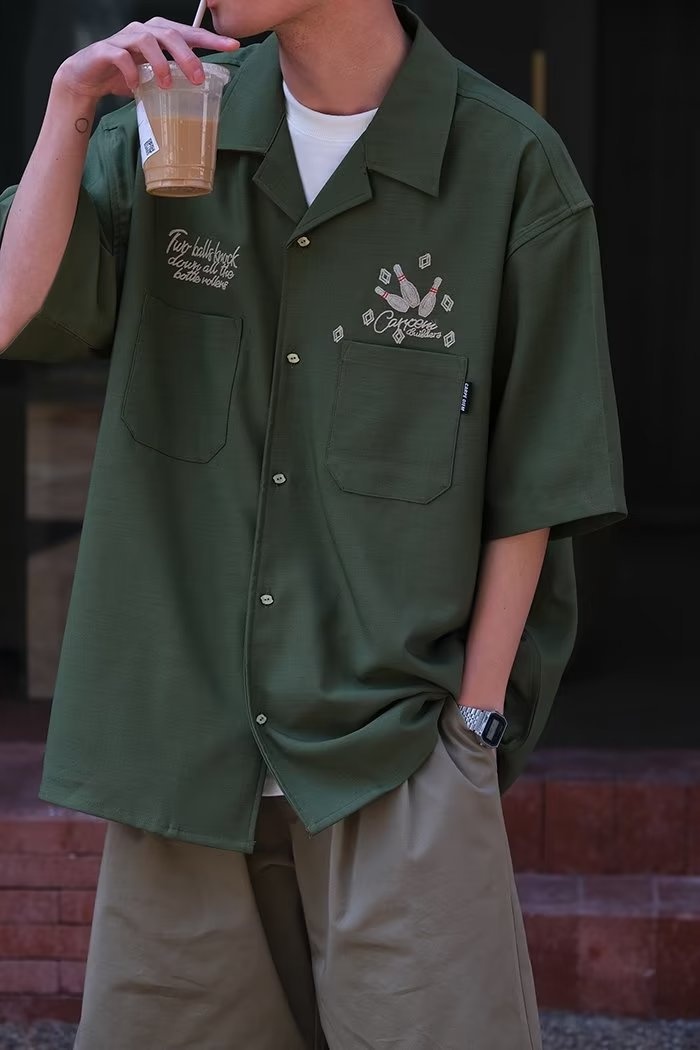 ForMen 2023 Summer American Style Loose Cuban Collar Bowling Embroidery Workwear Short Men Half Sleeve Shirt_voghion.com