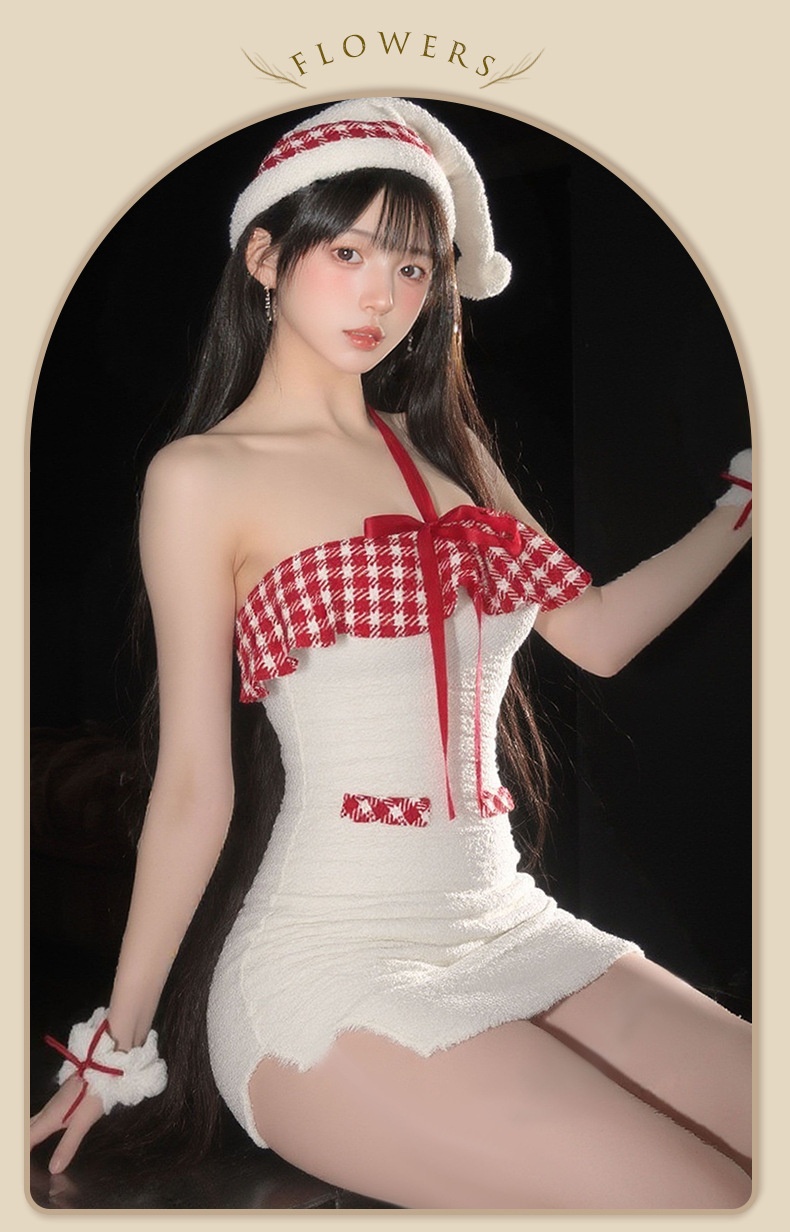 Eros Lab Lingerie Snowy Elf Christmas Girl Cute Pure Desire Fluffy Plaid Halter Neck Hot Sexy Bodycon Mini Dress_voghion.com