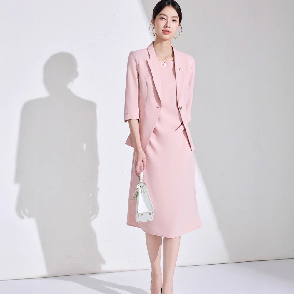 ChicShe Pinkfarbenes Blazer- und Hosenkleid-Set für Damen mit Dreiviertelärmeln – Professionelles, elegantes und trendiges Zweiteiler-Set der Extraklasse_voghion.com