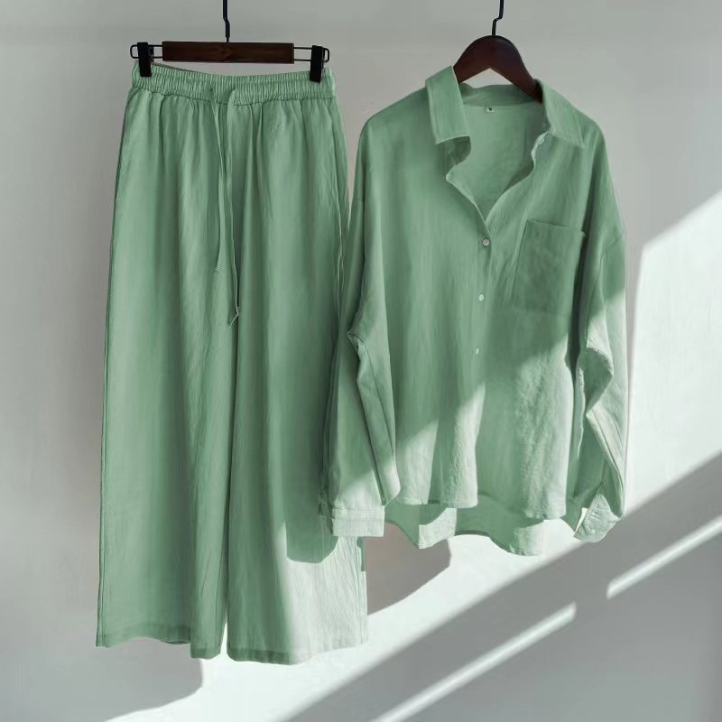 ChicShe Cross-Border Women's 2-Piece Retro Plus Size 2024 Cotton Linen Shirt High Waist Loose Long Pants Set_voghion.com