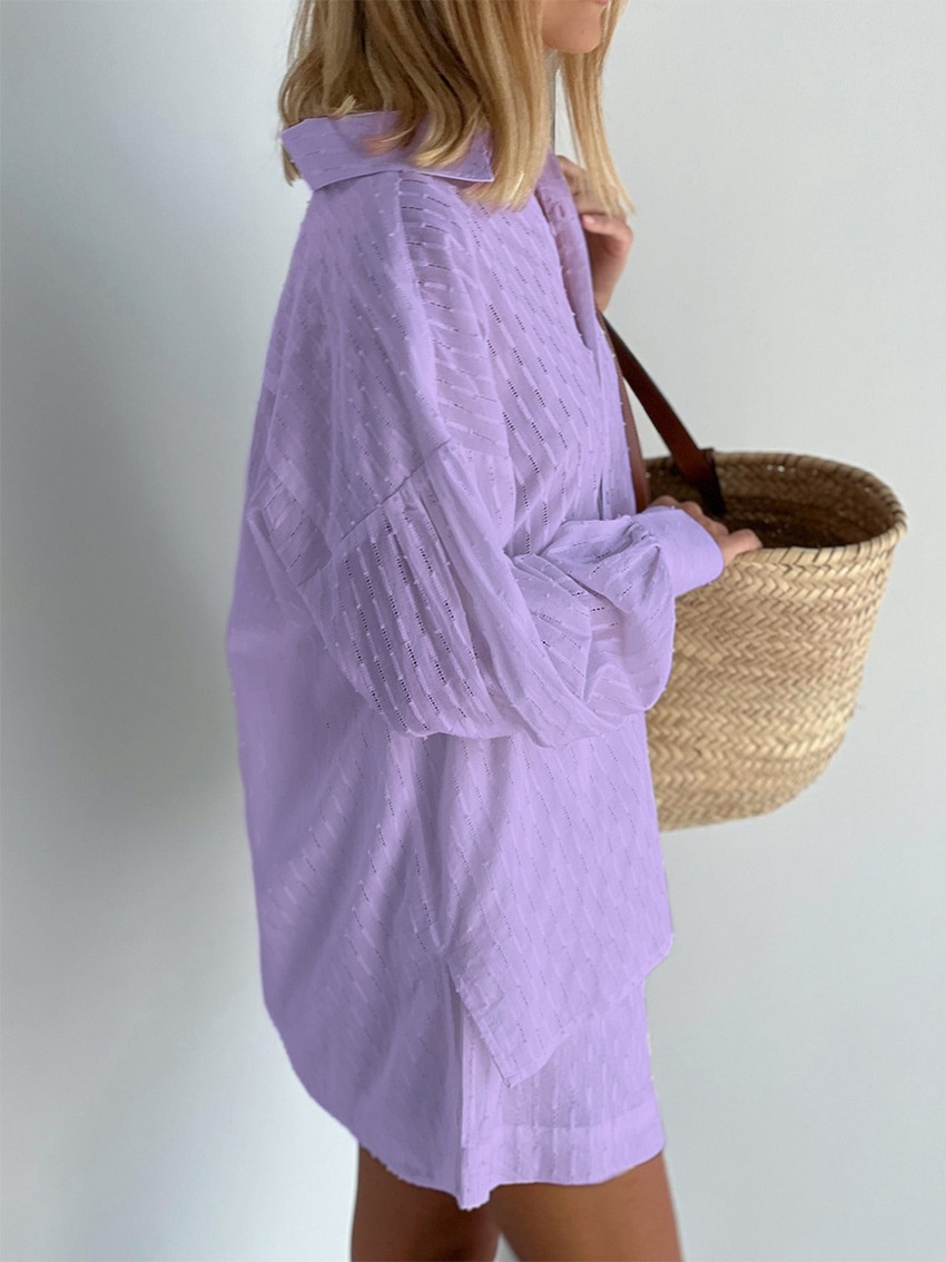 ChicShe Collection Été 2024 - Mode Femme - Style Européen et Américain - Haut Élégant à Manches Bouffantes Jacquard - Short - Design Pratique pour les Déplacements Féminin_voghion.com