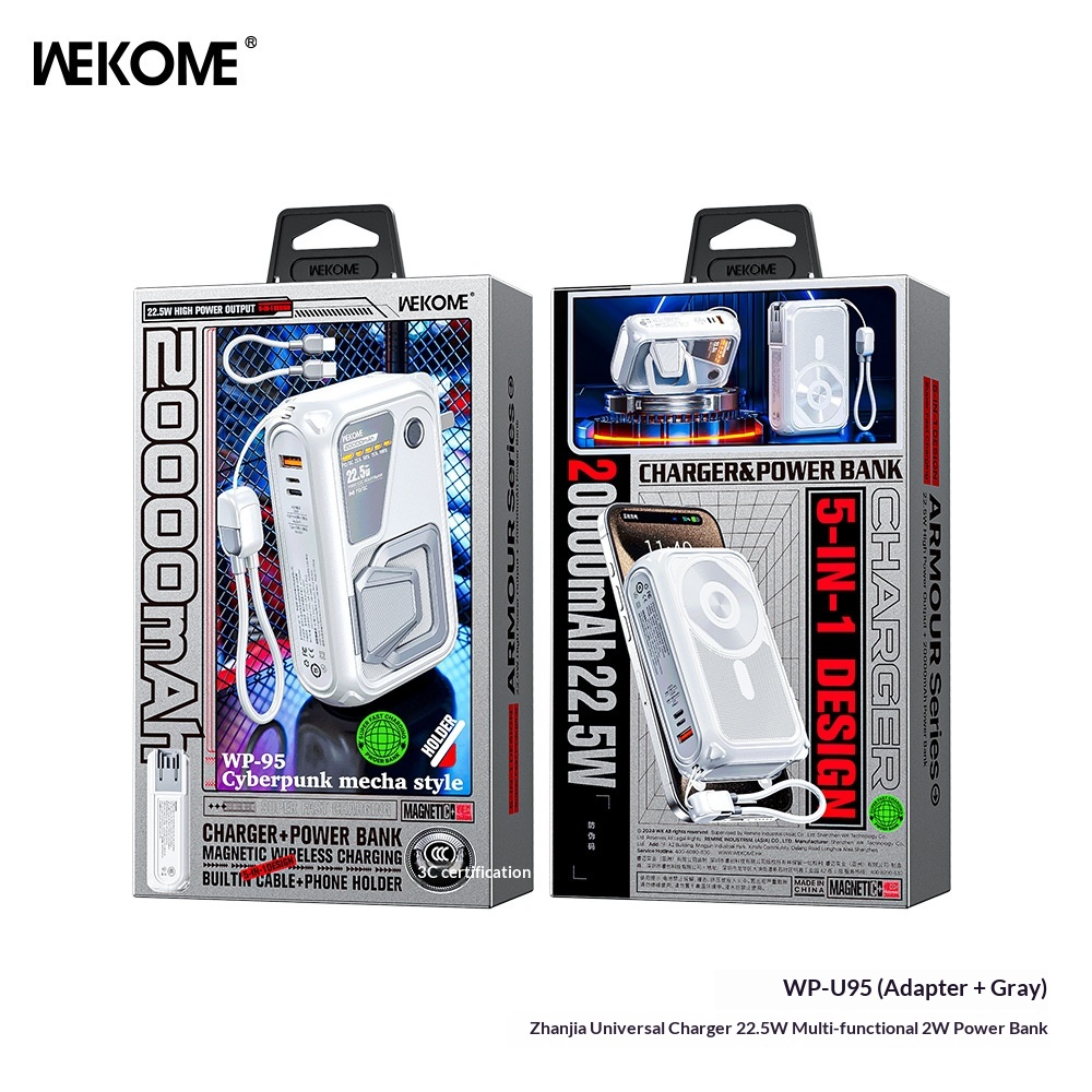 WEKOME Plug Bank 20000mAh AC Wireless Magnetic 22.5W Fast Charging Built-in Cable Mobile Power Supply_voghion.com