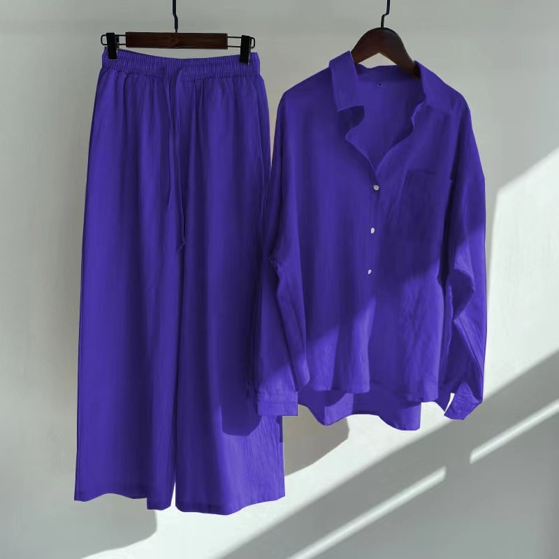 ChicShe Cross-Border Women's 2-Piece Retro Plus Size 2024 Cotton Linen Shirt High Waist Loose Long Pants Set_voghion.com
