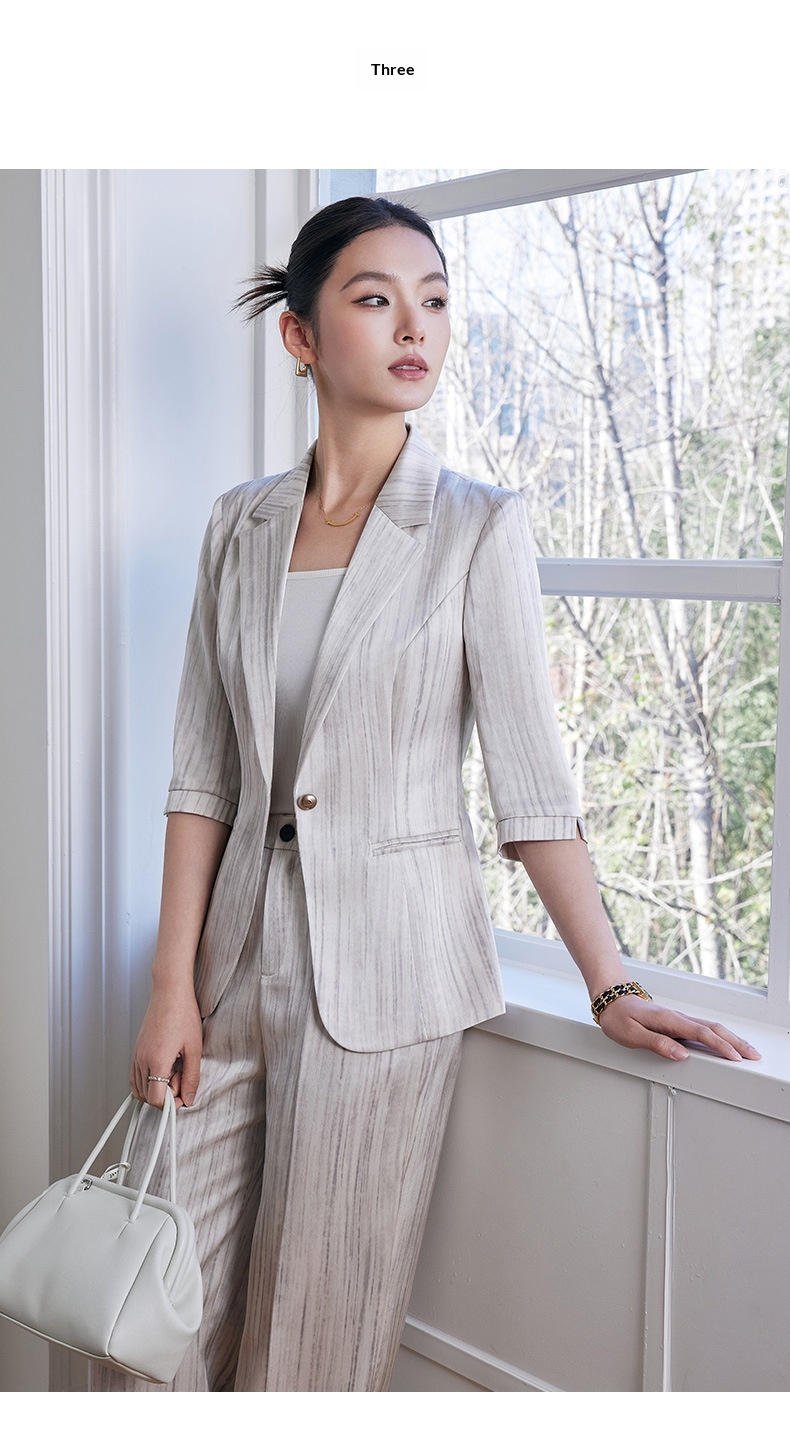 Blazer in raso acetato di alta qualità, manica a tre quarti, a righe, per donna, primavera ed estate, nuovo e professionale, ChicShe_voghion.com