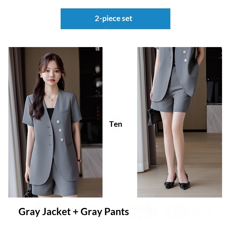 ChicShe 2024 Summer New Gray Collarless Blazer Jacket Women Shorts Two-Piece Set Simple Fashionable Elegant Trendy_voghion.com