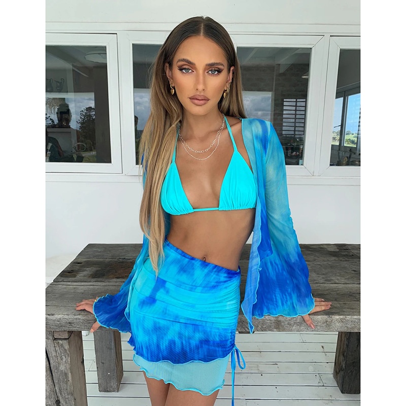 ChicShe European American Women's Clothing Tie-Dye Print V-Neck Lace-Up Mesh Flared Sleeve Top And Skirt Two-Piece Set Hot Girl_voghion.com