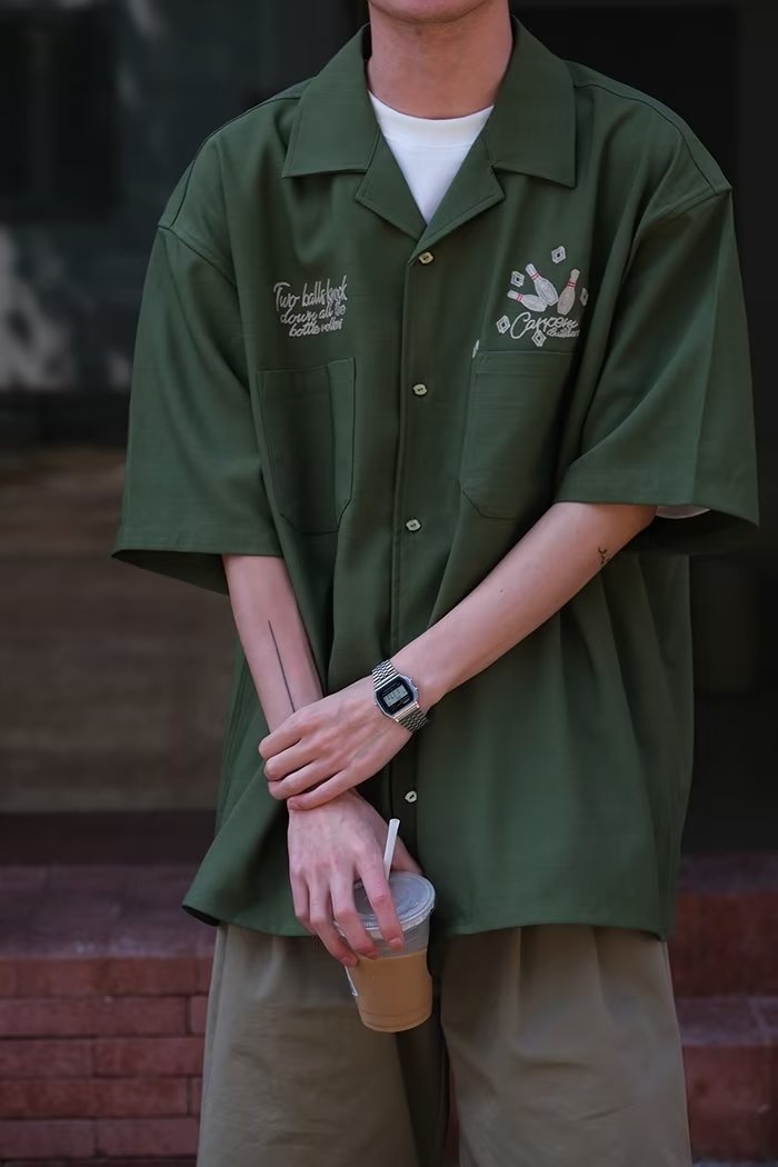 ForMen 2023 Summer American Style Loose Cuban Collar Bowling Embroidery Workwear Short Men Half Sleeve Shirt_voghion.com