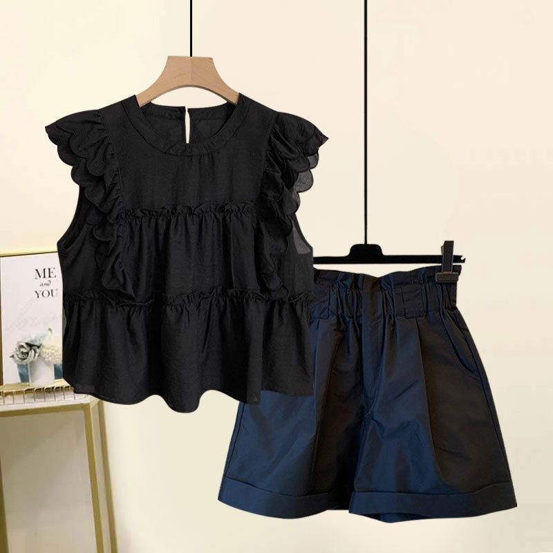 ChicShe Plus Size Women's Summer New Style Slightly Chubby MM Elegant Ruffled Chiffon Blouse Versatile Slimming Shorts Two-Piece_voghion.com