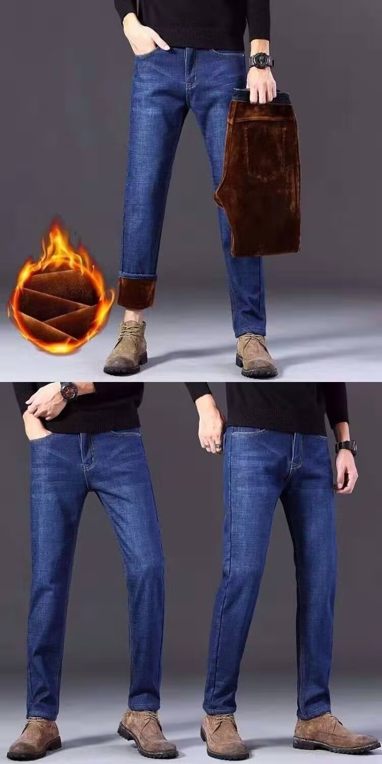 boy Boy Boy Autumn Winter New Men's Jeans Fleece Lined Thickened Straight Slim High Waist Plus Size Warm Work Long Pants_voghion.com