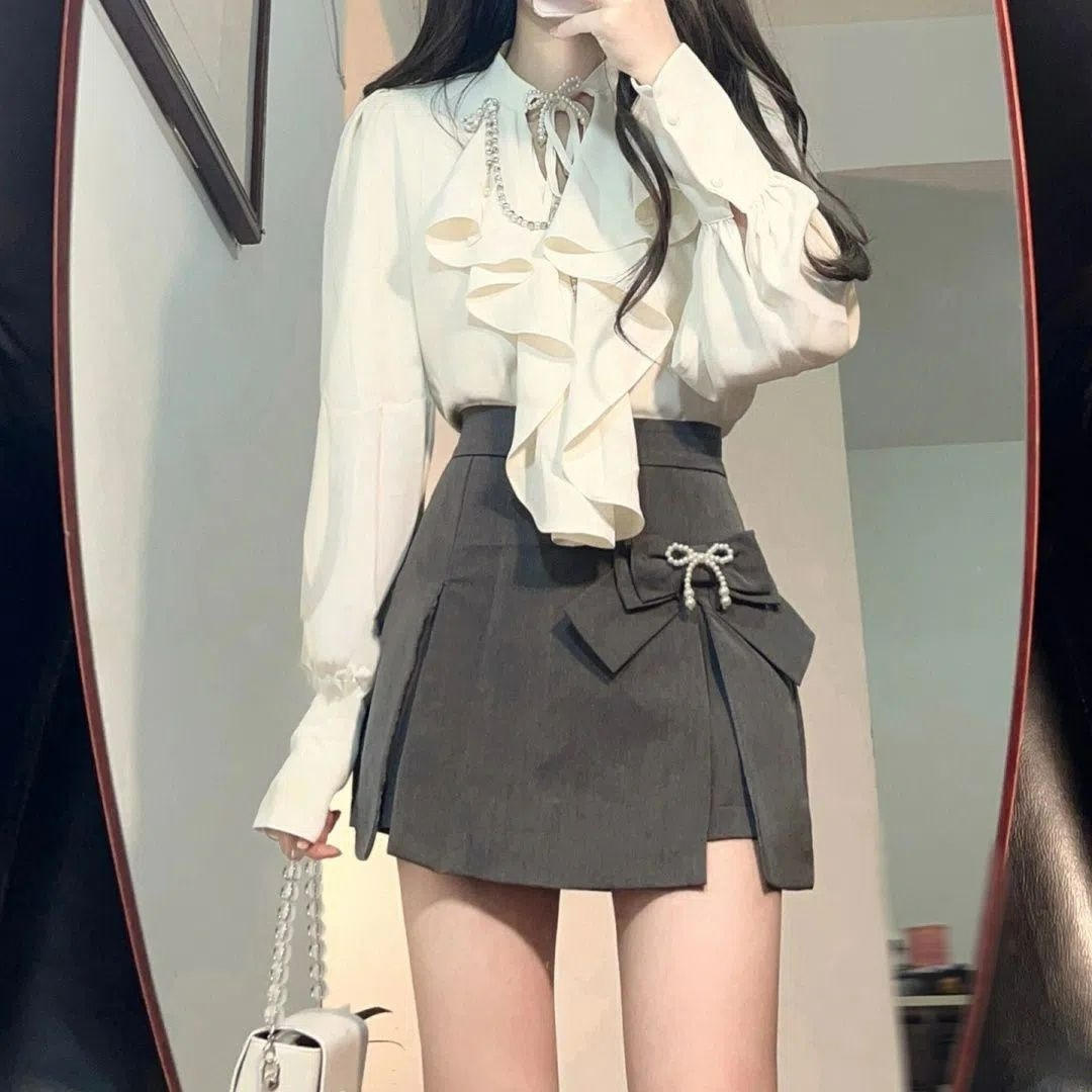 ChicShe 2025 Spring Summer New Women's Elegant Ruffled Blouse + Designer High Waist Bodycon Skirt Two-Piece Set_voghion.com