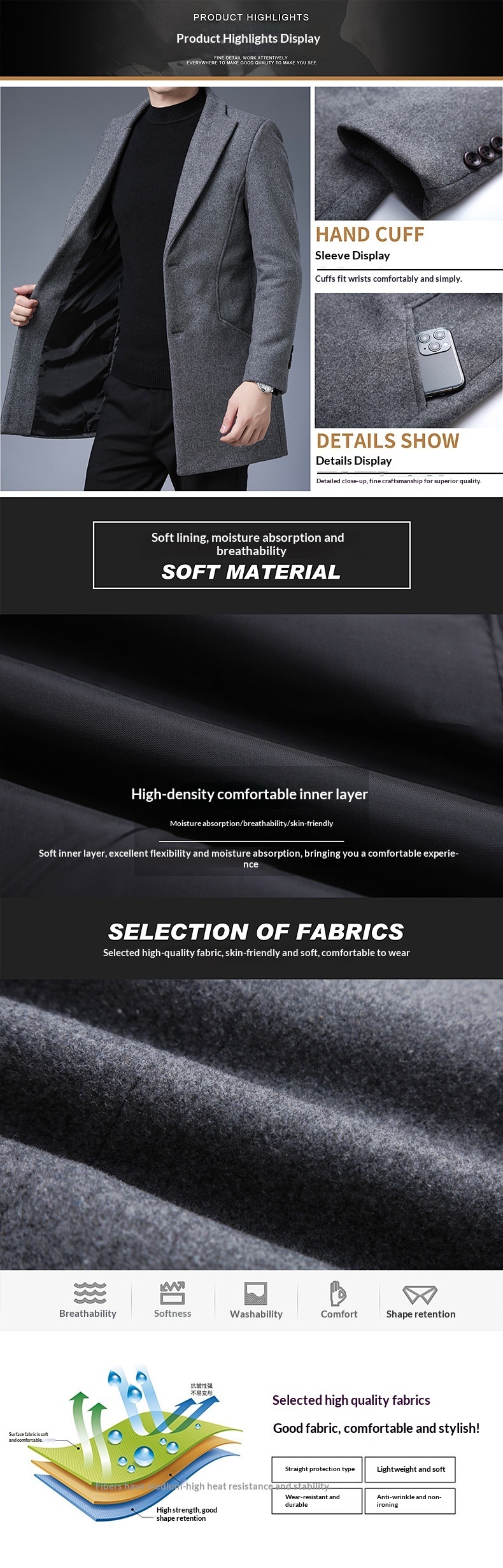 Boy Boy Boy Woll-Trenchcoat im koreanischen Stil, schmale Passform, Herbst/Winter 2025, trendiger, mittellanger Trenchcoat für Herren mittleren Alters, Wolljacke_voghion.com