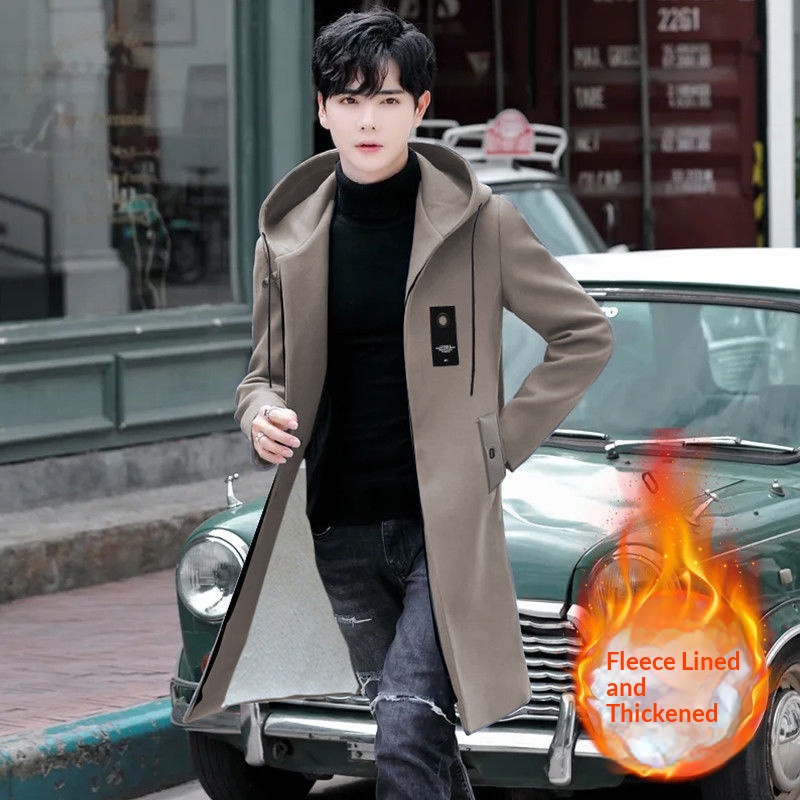 Boy Boy Boy Z Fleecegefütterter, dicker Herbst-Trenchcoat für Herren, mittellang, Winter, locker, lässig, mit Kapuze, trendige Baumwolle_voghion.com