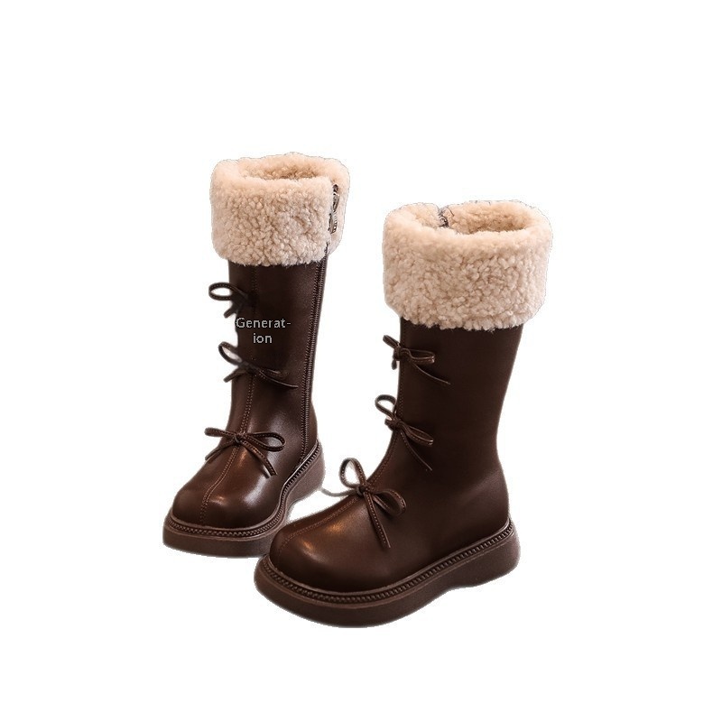 ShoeGlobe - Stivali da neve alti da principessa in pelle, foderati in pile, per bambine, autunno inverno 2025_voghion.com