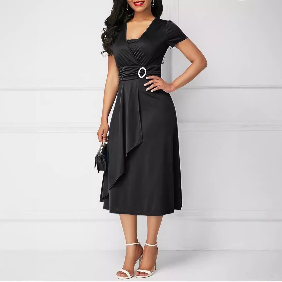 ChicShe Summer Sexy Asymmetric Flared V-neck Women's High Waist Mid-length Dress Solid Color Evening Gown_voghion.com