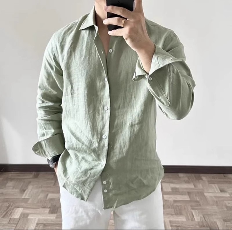 Camisa masculina casual de manga comprida, estilo europeu e americano, em algodão de alta qualidade, respirável e folgada, com proteção solar._voghion.com