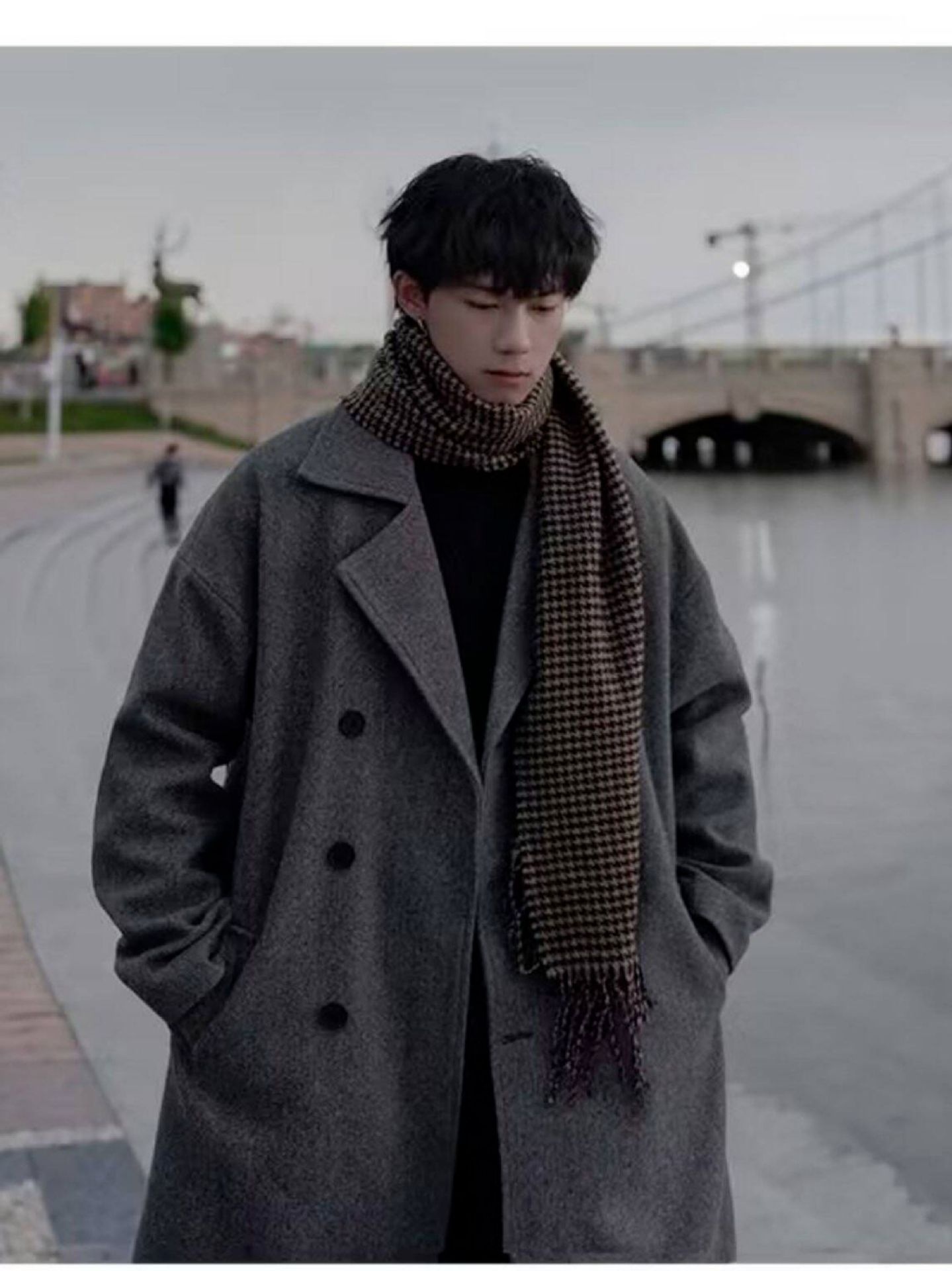 boy Boy Boy Winter Wool Coat For Men, Hong Kong Style, Mid-Length, Over-the-Knee, Thickened, Loose Fit, High-End Woolen Trench Coat,_voghion.com