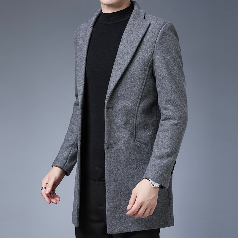 Boy Boy Boy Woll-Trenchcoat im koreanischen Stil, schmale Passform, Herbst/Winter 2025, trendiger, mittellanger Trenchcoat für Herren mittleren Alters, Wolljacke_voghion.com