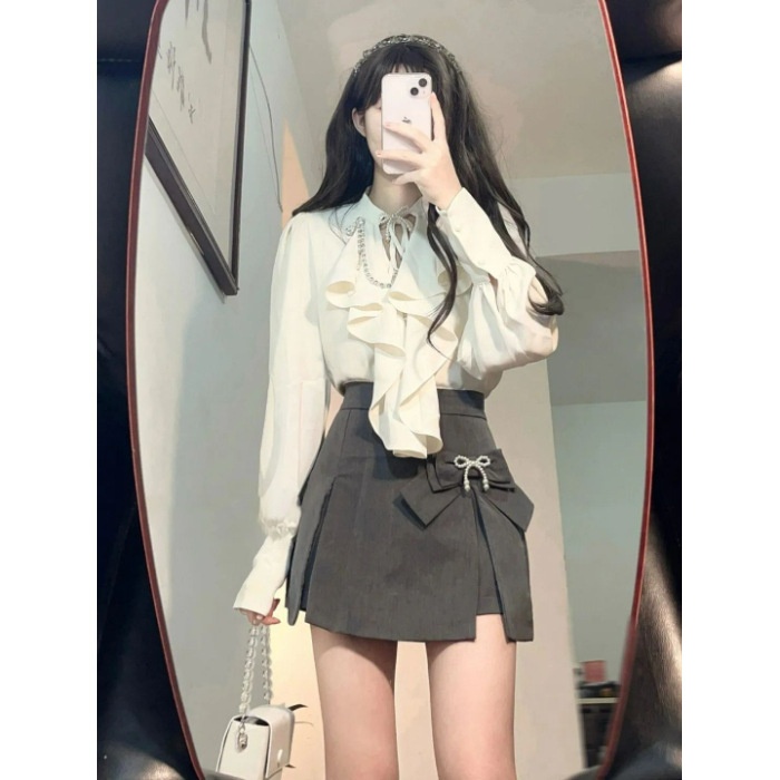 ChicShe 2025 Spring Summer New Women's Elegant Ruffled Blouse + Designer High Waist Bodycon Skirt Two-Piece Set_voghion.com