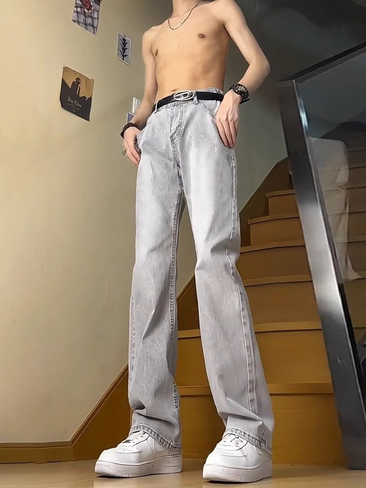 Boy Boy Grijze jeans voor heren lente en herfst 2025 Nieuwe zomer American High Street Slim Straight Leg Bootcut-broek_voghion.com