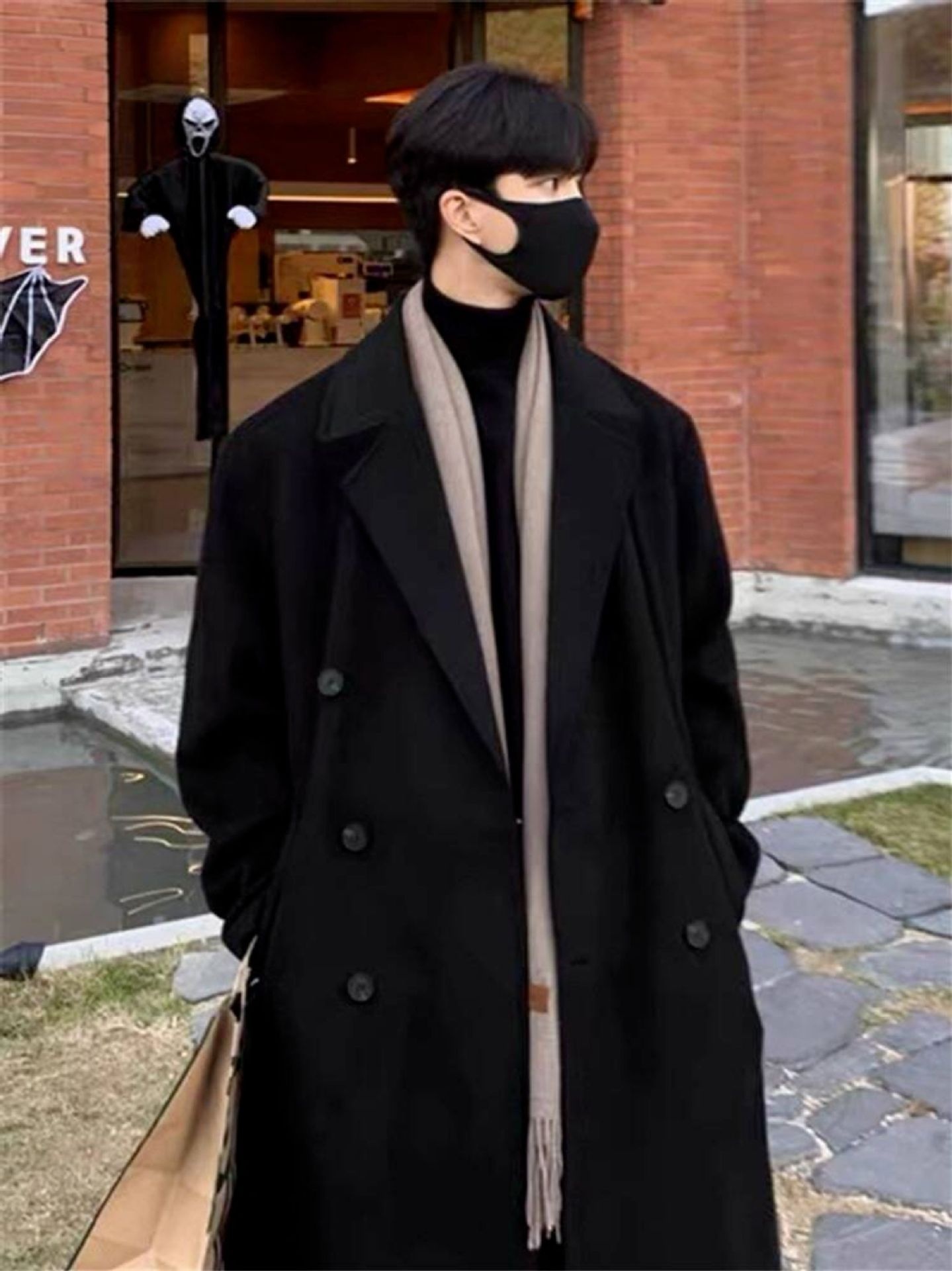 boy Boy Boy Winter Wool Coat For Men, Hong Kong Style, Mid-Length, Over-the-Knee, Thickened, Loose Fit, High-End Woolen Trench Coat,_voghion.com