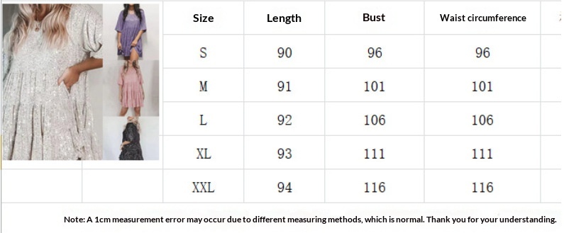 ChicShe 2025 Nuovo stile europeo e americano, vendita diretta, tinta unita, moda, paillettes, scollo rotondo, vita ampia, manica corta_voghion.com