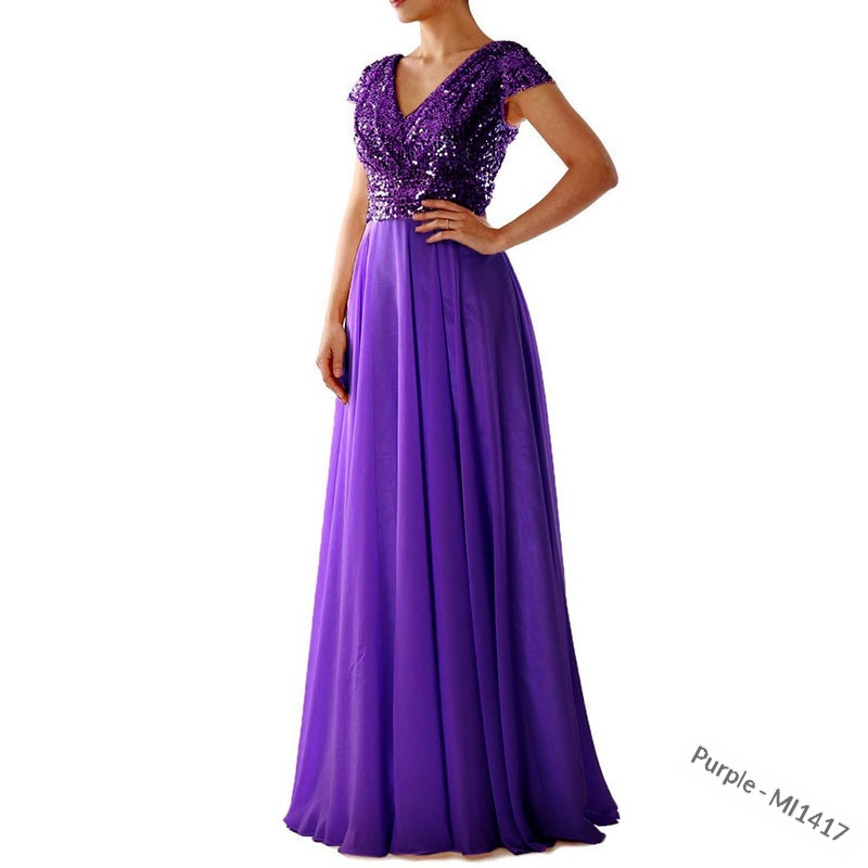 ChicShe 2025 Abito lungo da sera in chiffon patchwork con scollo a V e paillettes, nuovo commercio estero estivo_voghion.com