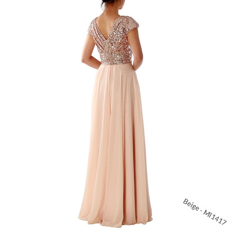 ChicShe 2025 Abito lungo da sera in chiffon patchwork con scollo a V e paillettes, nuovo commercio estero estivo_voghion.com