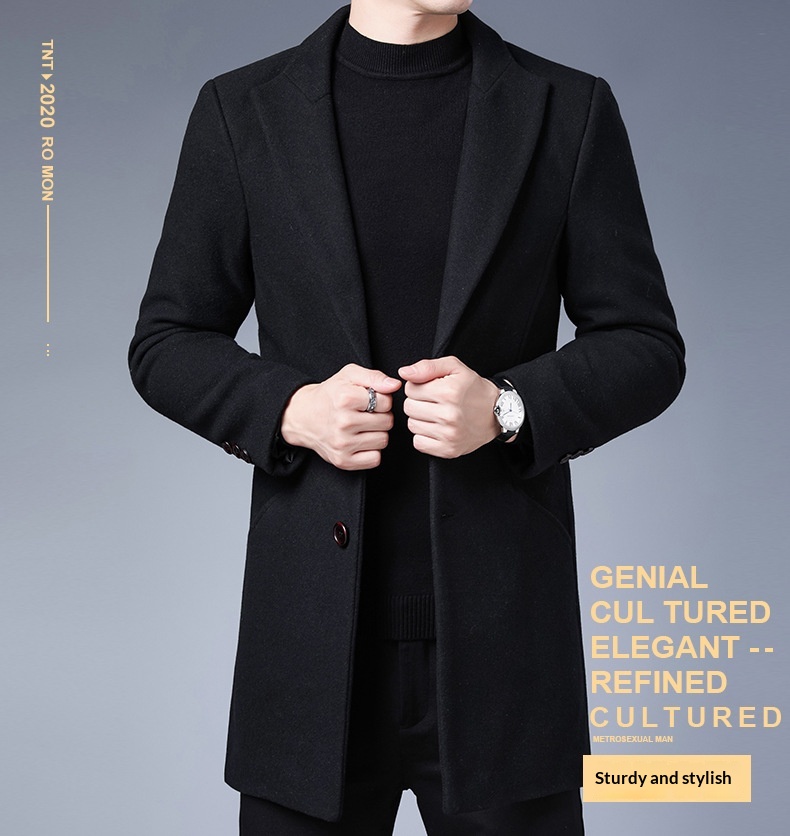 Boy Boy Boy Woll-Trenchcoat im koreanischen Stil, schmale Passform, Herbst/Winter 2025, trendiger, mittellanger Trenchcoat für Herren mittleren Alters, Wolljacke_voghion.com