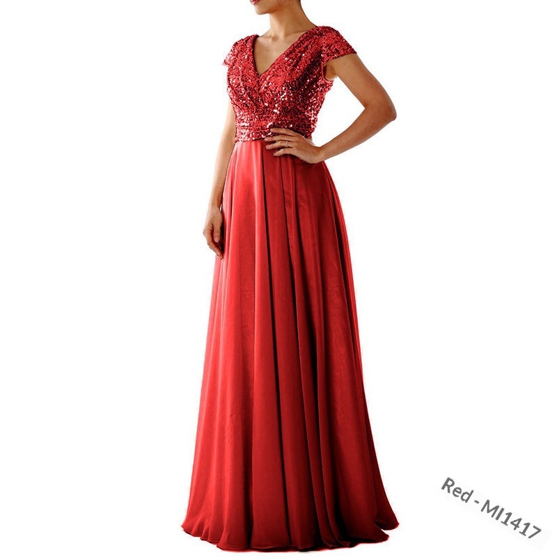 ChicShe 2025 Abito lungo da sera in chiffon patchwork con scollo a V e paillettes, nuovo commercio estero estivo_voghion.com