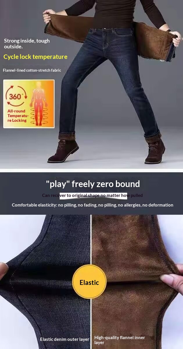 boy Boy Boy Autumn Winter New Men's Jeans Fleece Lined Thickened Straight Slim High Waist Plus Size Warm Work Long Pants_voghion.com