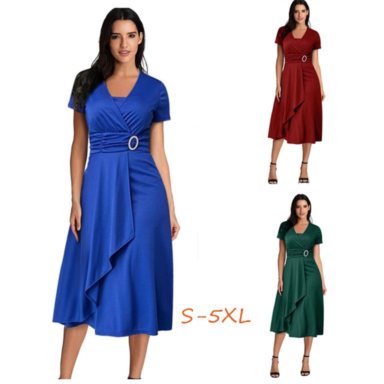 ChicShe Summer Sexy Asymmetric Flared V-neck Women's High Waist Mid-length Dress Solid Color Evening Gown_voghion.com