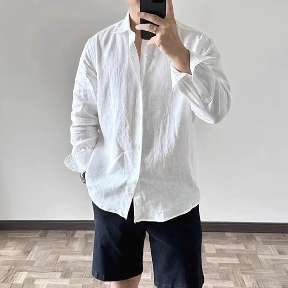 Camisa masculina casual de manga comprida, estilo europeu e americano, em algodão de alta qualidade, respirável e folgada, com proteção solar._voghion.com