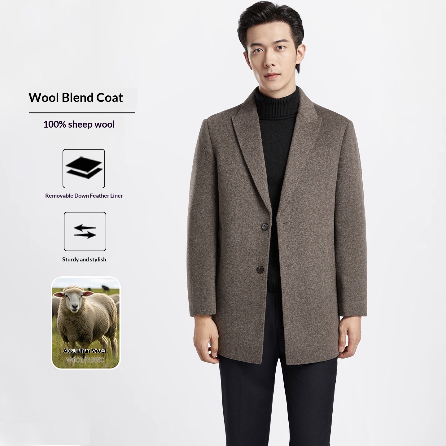 boy Boy Boy Men's 100% Double-Sided Wool Coat Autumn Winter Light Business Mid-Length Down Liner Suit Collar Woolen Jacket_voghion.com