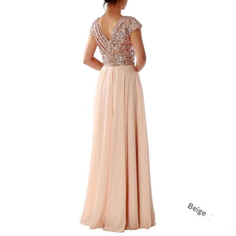 ChicShe 2025 Abito lungo da sera in chiffon patchwork con scollo a V e paillettes, nuovo commercio estero estivo_voghion.com