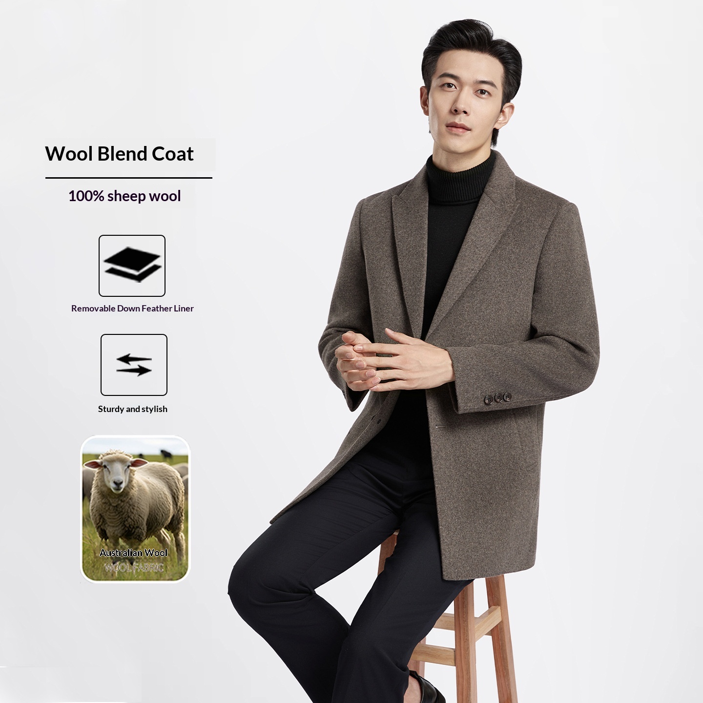 boy Boy Boy Men's 100% Double-Sided Wool Coat Autumn Winter Light Business Mid-Length Down Liner Suit Collar Woolen Jacket_voghion.com