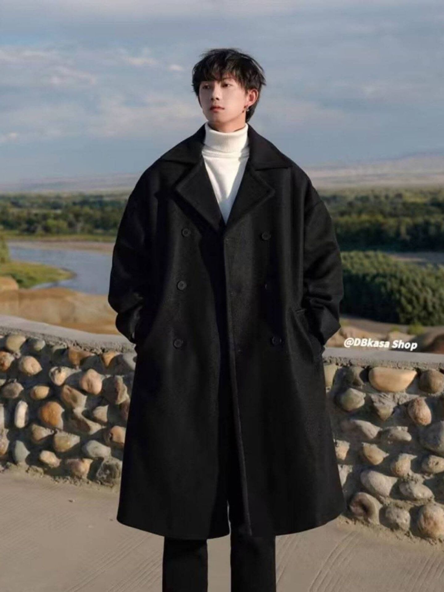 boy Boy Boy Winter Wool Coat For Men, Hong Kong Style, Mid-Length, Over-the-Knee, Thickened, Loose Fit, High-End Woolen Trench Coat,_voghion.com