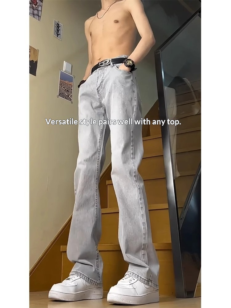 Boy Boy Grijze jeans voor heren lente en herfst 2025 Nieuwe zomer American High Street Slim Straight Leg Bootcut-broek_voghion.com