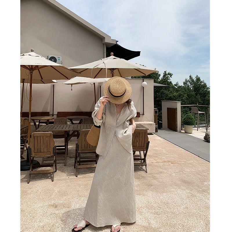 Conjunto de duas peças feminino ChicShe 2025, casual, simples, com gola dobrável, manga comprida e modelagem solta, ideal para o outono. Combina com saia midi versátil._voghion.com