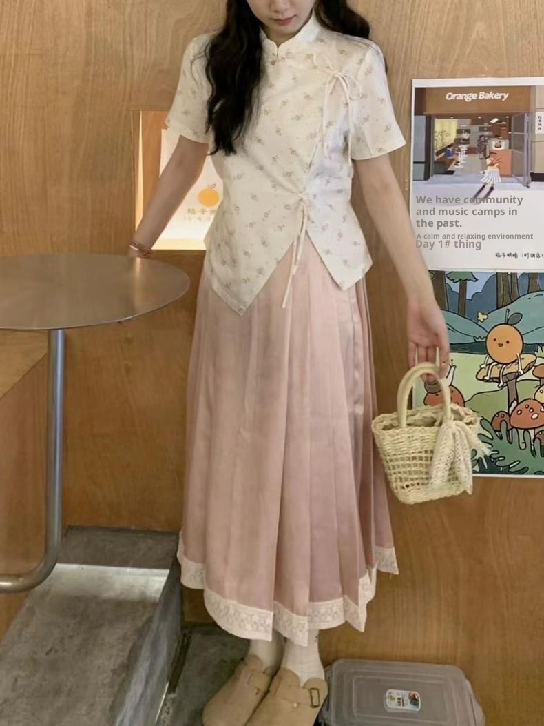 ChicShe Two-Piece New Chinese Style Floral Stand Collar Shirt For Women + Pink Bamboo Pleated Skirt Set_voghion.com